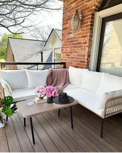 YITAHOME 4 Pieces Patio Furniture Set, Outdoor Rattan Woven Conversation Sectional L-Shaped Sofa with 5 Seater for Backyard, Porch, Boho Detachable Lounger with Cushions and Side Table - Beige - LeafyLoom