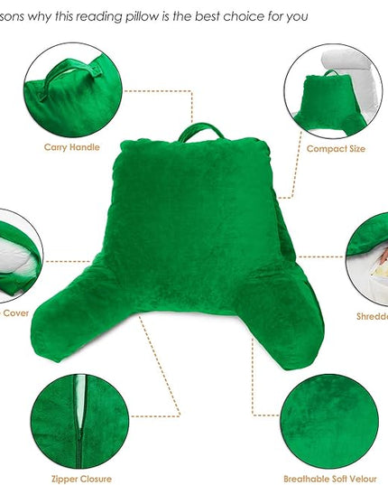 Clara Clark Reading Pillow, Standard Back Pillow for Sitting Up in Bed, Memory Foam Back Support Pillow, Reading Pillows for Sitting in Bed, Green Sit Up Pillow for Bed Chair Arm Pillow with Pockets - LeafyLoom