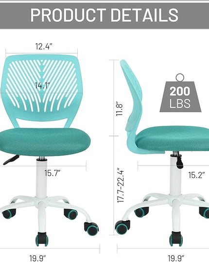 FurnitureR Desk Chair Small Study Chairs Armless for Child Kids Teens, Swivel Rolling Lightweight Task Chair with Wheels and Mesh Padded Cushion, Turquoise - LeafyLoom
