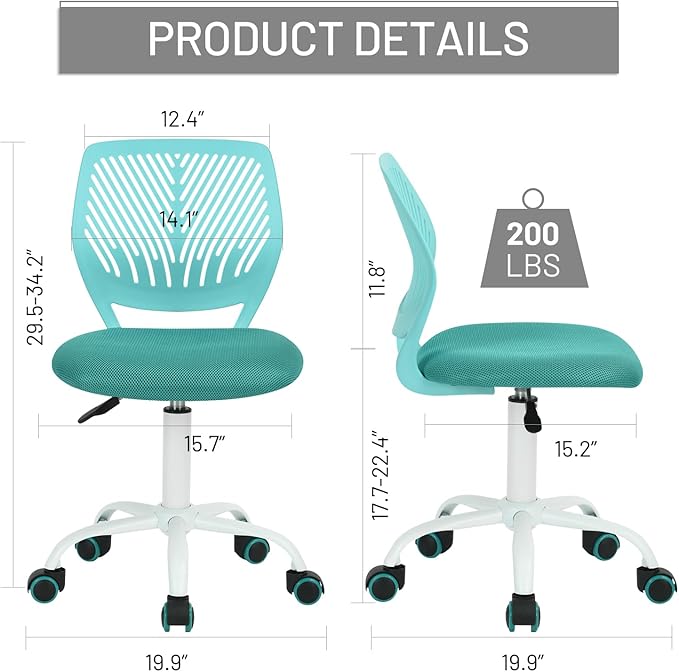 FurnitureR Desk Chair Small Study Chairs Armless for Child Kids Teens, Swivel Rolling Lightweight Task Chair with Wheels and Mesh Padded Cushion, Turquoise - LeafyLoom