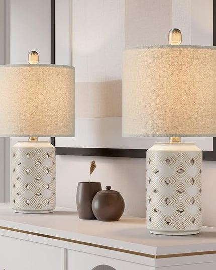 PORTRES 18.5" Farmhouse Medieval Ceramic Table Lamp Set of 2 for Bedroom Living Room Rustic Rural Bedside Nightstand End Table Desk Lamps for Study Room Office Dorm - LeafyLoom