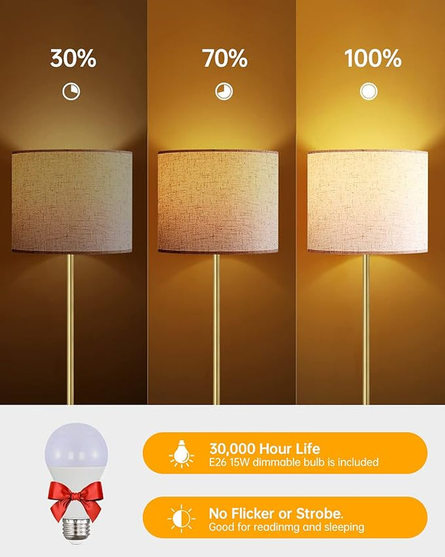 BoostArea Floor Lamp, Standing Lamp, 9W LED Floor Lamp with 3 Dimmable Levels, Simple Standing Lamp with Linen Lampshade, On/Off Footswitch, Tall Floor Lamps for Living Room/Bedroom/Office/Boho, Gold - LeafyLoom