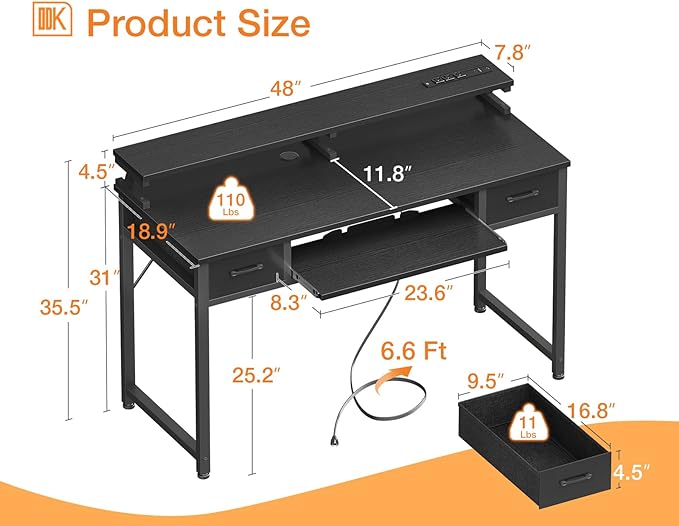 ODK Computer Desk with Drawers, 48 Inch Gaming Desk with Power Outlet, Office Desk with Keyboard Tray, Study Table Work Desk with Monitor Shelf, Writing Desk PC Desk for Home Office, Black - LeafyLoom