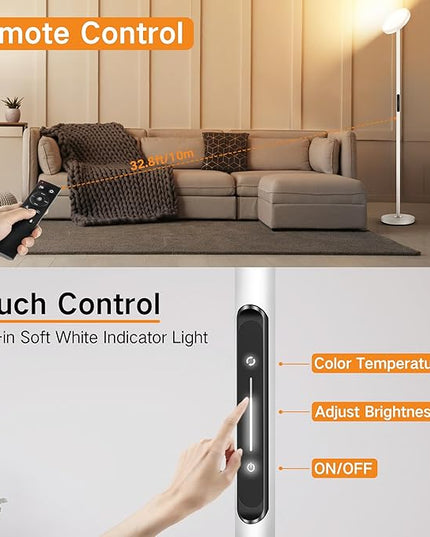 OUTON LED Torchiere Floor Lamp, Bright Dimmable Standing Lamp with Remote Touch Control, 4 Color Temperature, Memory Function, Timer for Living Room, Bedroom Office (Pearl White) - LeafyLoom