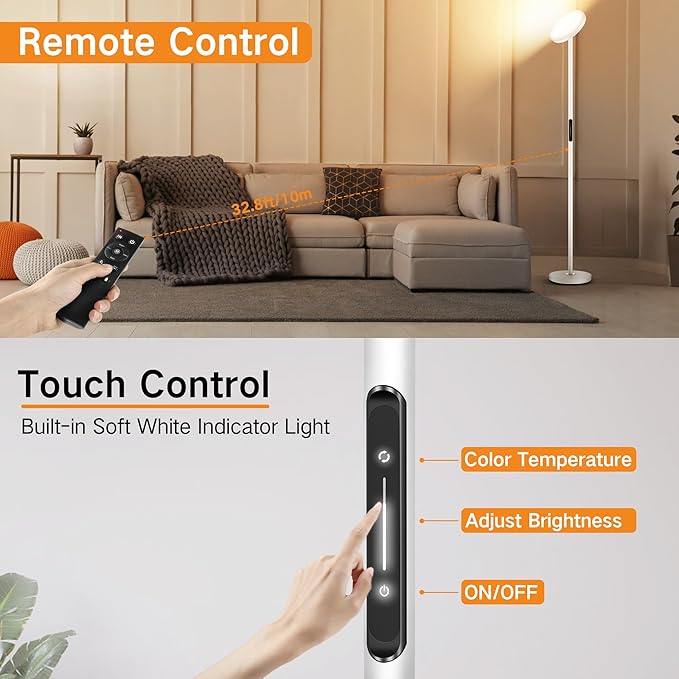 OUTON LED Torchiere Floor Lamp, Bright Dimmable Standing Lamp with Remote Touch Control, 4 Color Temperature, Memory Function, Timer for Living Room, Bedroom Office (Pearl White) - LeafyLoom