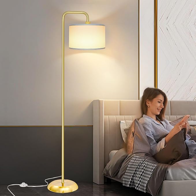 [Upgraded] LED Floor Lamp for Living Room, 3 Color Temperature Floor Lamp with Foot Switch Modern Standing Lamp Tall Pole Floor Reading Lamp for Bedroom, Study Room, Office, 9W Bulb Included, Gold - LeafyLoom