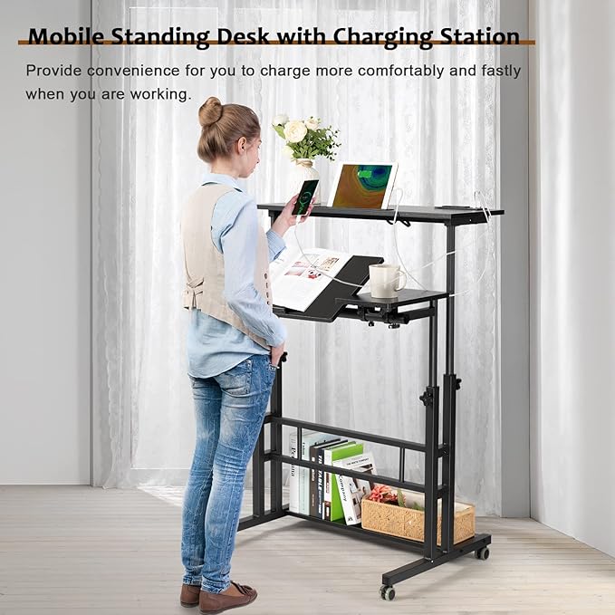 Hadulcet Stand Up Desk, Rolling Desk Adjustable Height, Mobile Standing Desk with Wheels & Charging Station, Portable Desk for Laptop, Rolling Computer Cart TV Tray, Small Standing Desk Drawing Desk - LeafyLoom