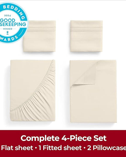 Mellanni Extra Deep California King Sheets - 4 PC Iconic Collection Bedding Sheets & Pillowcases - Luxury, Ultra Soft, Cooling Bed Sheets - Extra Deep Pocket up to 21 inch (Cal King, Golden Ivory) - LeafyLoom