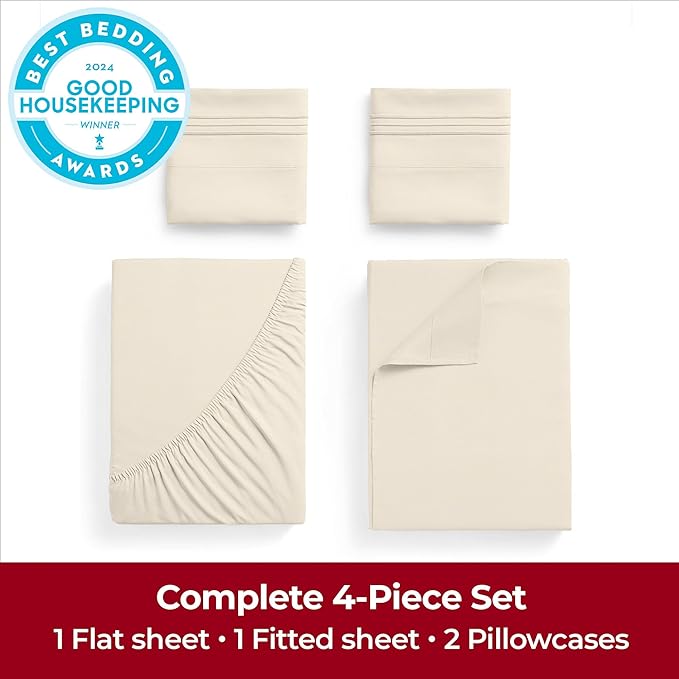 Mellanni Extra Deep California King Sheets - 4 PC Iconic Collection Bedding Sheets & Pillowcases - Luxury, Ultra Soft, Cooling Bed Sheets - Extra Deep Pocket up to 21 inch (Cal King, Golden Ivory) - LeafyLoom