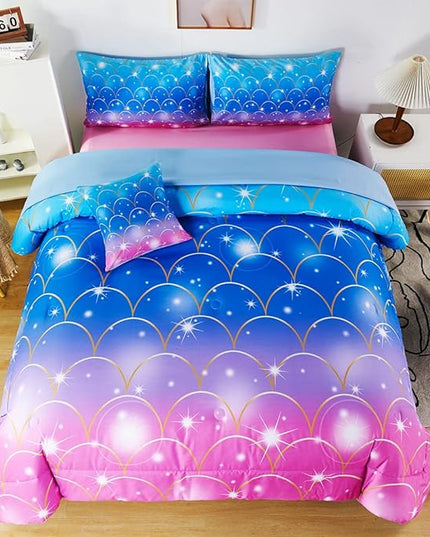 URBONUR 6Pcs Mermaid Comforter Set Queen for Girls Glitter Fish Scales Printed Bedding Set on Gradient Pink Purple Blue Soft & Fluffy Girls Bed Set with Sheets for Queen Bed - LeafyLoom