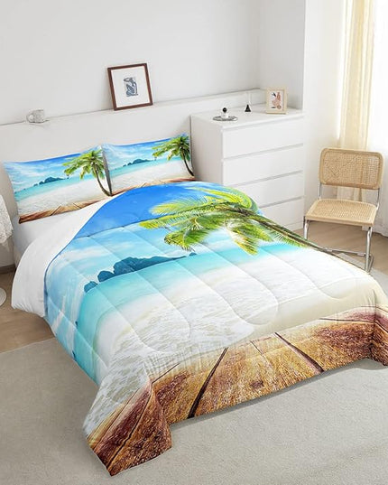 Beach Comforter Set Full Size Ocean Bedding Set Tropical Palm Tree Hawaii Ocean Duvet Set Sunny Beach Coastal Nature Theme Duvet Set Sea Wave Mountain Brown Wooden Comforter Set 2 Pillowcases, Blue - LeafyLoom
