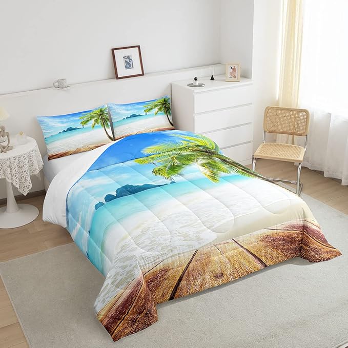 Beach Comforter Set Full Size Ocean Bedding Set Tropical Palm Tree Hawaii Ocean Duvet Set Sunny Beach Coastal Nature Theme Duvet Set Sea Wave Mountain Brown Wooden Comforter Set 2 Pillowcases, Blue - LeafyLoom