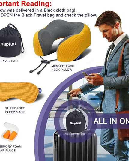 napfun Neck Pillow for Traveling, Upgraded Travel Neck Pillow for Airplane 100% Pure Memory Foam Travel Pillow for Flight Headrest Sleep, Portable Plane Accessories, Yellow, Medium (120-200LB) - LeafyLoom