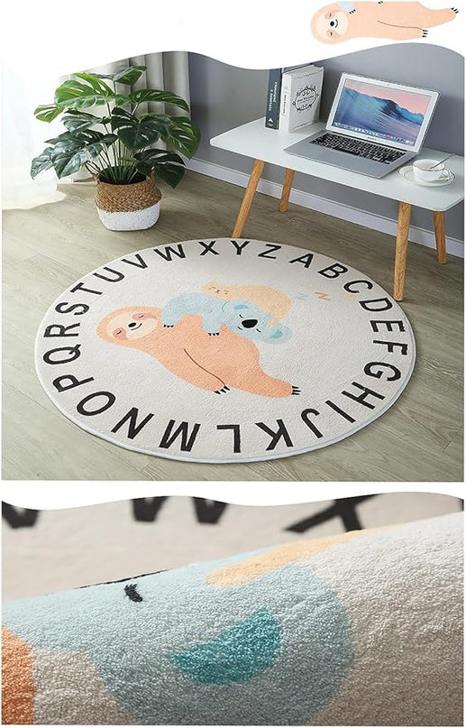 ABC Round Rug for Kids Warm and Soft Alphabet Nursery Animal Area Rugs Fun Rugs for Play Rooms Non-Slip Mats Crawling Mats Decorative Rugs for Bedrooms Living Rooms (Sloth, 78in) - LeafyLoom