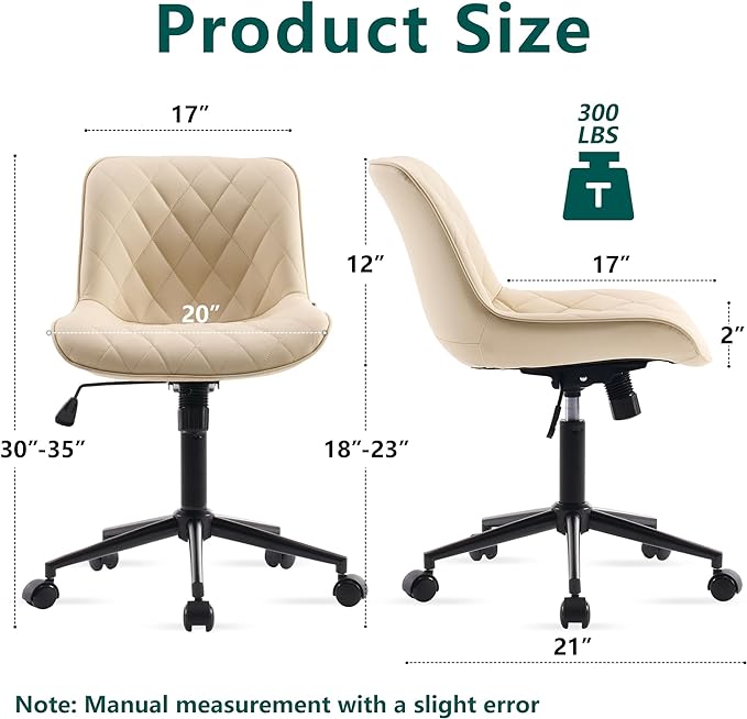 YOUNUOKE Comfortable Desk Chair, Home Office Chairs with Wheels, Armless Samll Comfy Vanity Chairs, PU Leather Computer Task Work Desk Chairs, Beige - LeafyLoom