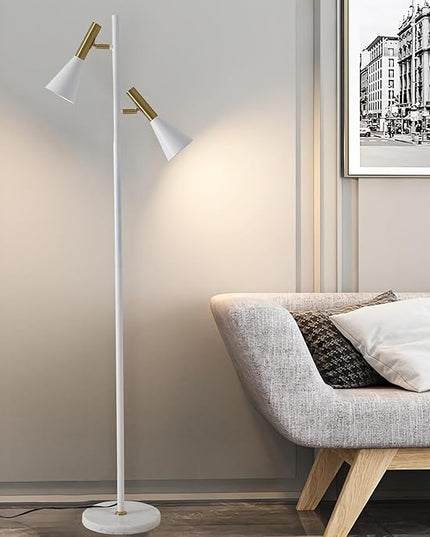 Elegant Modern Floor Lamp with 2 Adjustable Head,White and Gold Stand up Lamps with Marble Base,Tall Pole Uplight,Tree Floor Lamps for Living Room,Office - LeafyLoom