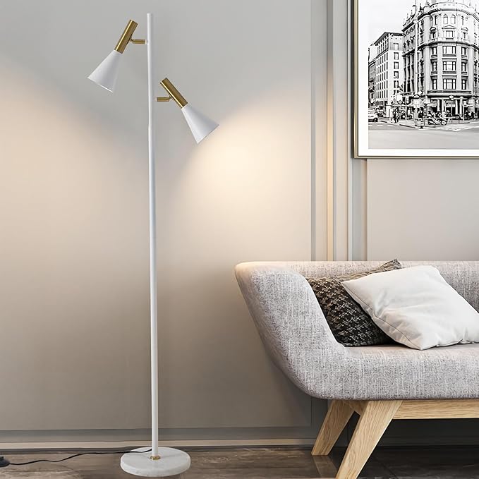 Elegant Modern Floor Lamp with 2 Adjustable Head,White and Gold Stand up Lamps with Marble Base,Tall Pole Uplight,Tree Floor Lamps for Living Room,Office - LeafyLoom