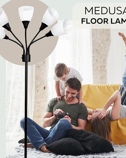 Modern Multi-Head Medusa Floor Lamp - 5 Light Standing Lamp for Bedroom and Living Room with Positionable Acrylic White Shades & 3-Light Mode Switch - Tall Black Floor Lamp for Living Room Decor - LeafyLoom