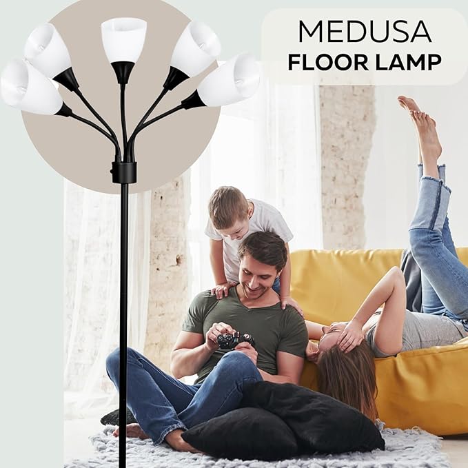 Modern Multi-Head Medusa Floor Lamp - 5 Light Standing Lamp for Bedroom and Living Room with Positionable Acrylic White Shades & 3-Light Mode Switch - Tall Black Floor Lamp for Living Room Decor - LeafyLoom