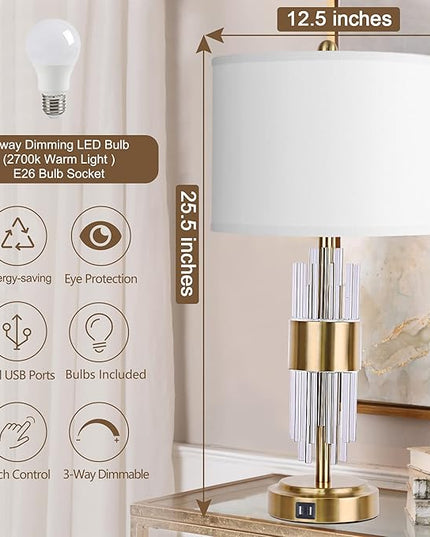 QiMH Gold Table Lamp for Living Room with USB Ports, Bedside Lamps for Bedrooms with Touch Control USB Ports, Modern Nightstand Lamp White Drum Lamp Shade Home Light Decor (2700K LED Bulb Included) - LeafyLoom