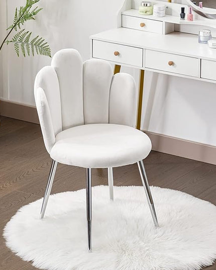 Vanity Chair for Makeup Room - Midcentury Modern Accent Chair for Living Room Bedroom, Velvet Chair with Back Support and Metal Legs (White) - LeafyLoom