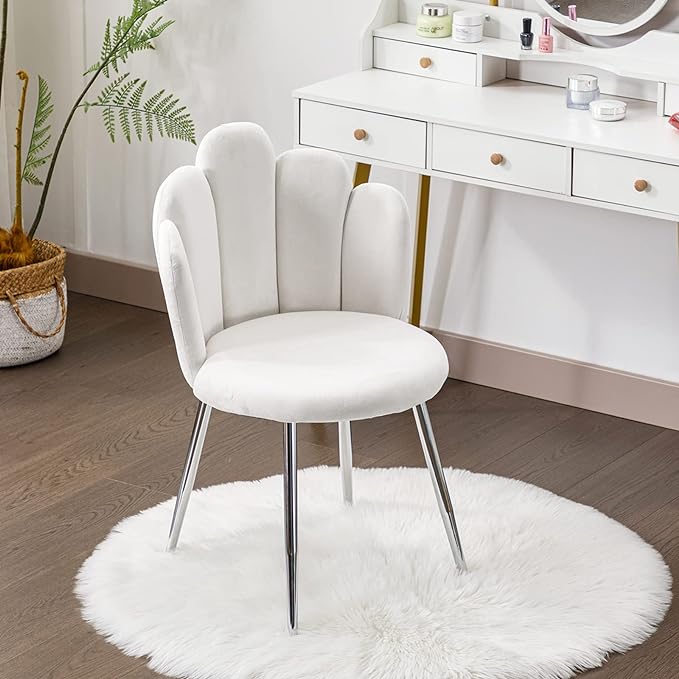 Vanity Chair for Makeup Room - Midcentury Modern Accent Chair for Living Room Bedroom, Velvet Chair with Back Support and Metal Legs (White) - LeafyLoom