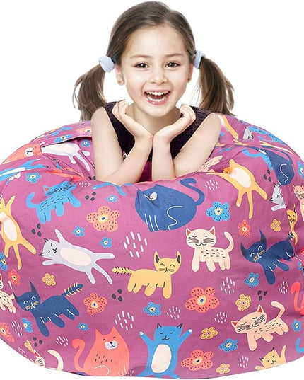 Stuffed Animal Storage Bean Bag Chair Cover, Hold Kids Plush Toys Blankets Towels Beanbag (Cover Only), Canvas Floor Circle Stuff Sit Seat Sofa with YKK Zipper, Extra Large 38", Cat - LeafyLoom