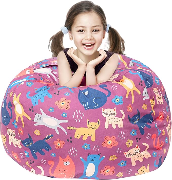 Stuffed Animal Storage Bean Bag Chair Cover, Hold Kids Plush Toys Blankets Towels Beanbag (Cover Only), Canvas Floor Circle Stuff Sit Seat Sofa with YKK Zipper, Extra Large 38", Cat - LeafyLoom