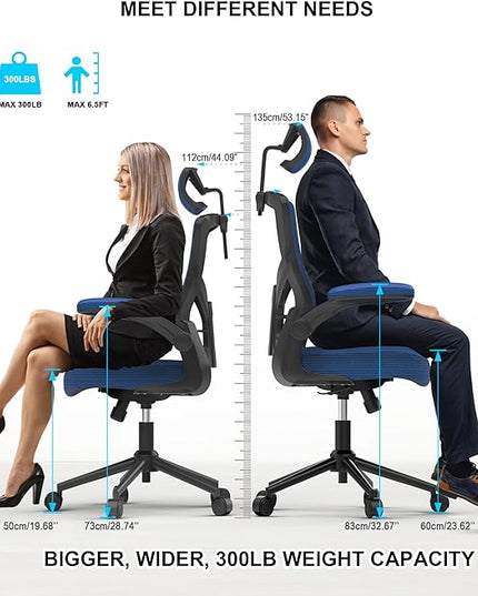 𝑯𝑶𝑴𝑬 𝑶𝑭𝑭𝑰𝑪𝑬 𝑪𝑯𝑨𝑰𝑹, Ergonomic Mesh Desk Chair, High Back Computer Chair- Adjustable Headrest with Flip-Up Arms, Lumbar Support, Swivel Executive Task Chair (Portimao Blue, Modern) - LeafyLoom