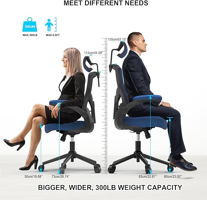 𝑯𝑶𝑴𝑬 𝑶𝑭𝑭𝑰𝑪𝑬 𝑪𝑯𝑨𝑰𝑹, Ergonomic Mesh Desk Chair, High Back Computer Chair- Adjustable Headrest with Flip-Up Arms, Lumbar Support, Swivel Executive Task Chair (Portimao Blue, Modern) - LeafyLoom
