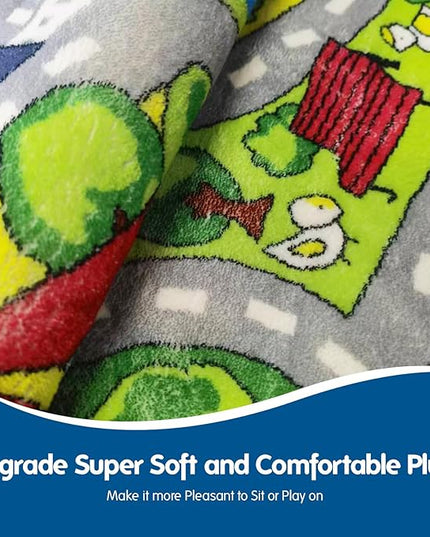 Booooom Jackson Car Mat for Kids Toy Cars,Soft Kids Play Rug,Non Slip Race Car Rug Car Play Mat,Road Rug,Train Rug,Washable Kids Rug for Bedroom Boys,Playroom,Preschool,Area Rug for Kids Room Cars - LeafyLoom