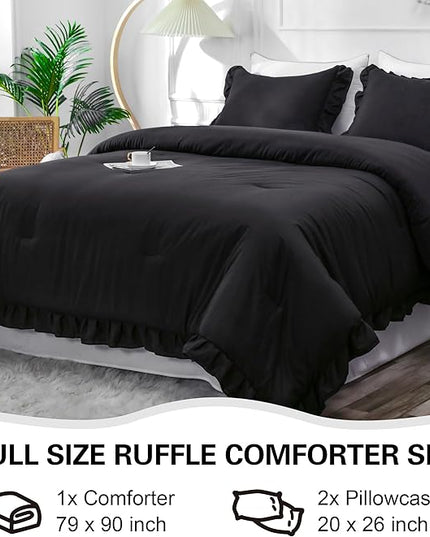 Black Double Ruffle Comforter Set Full Size (79x90 Inch), 3 Pcs Farmhouse Vintage Comforter Set (1 Ruffled Comforter and 2 Pillowcase), Rustic All Season Down Alternative Bedding Set - LeafyLoom