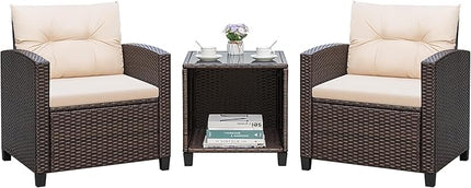 Greesum 3 Pieces Patio Furniture Sets Outdoor PE Rattan Wicker Chairs with Soft Cushion and Glass Coffee Table for Garden Backyard Porch Poolside, Beige - LeafyLoom