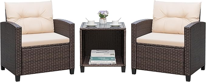 Greesum 3 Pieces Patio Furniture Sets Outdoor PE Rattan Wicker Chairs with Soft Cushion and Glass Coffee Table for Garden Backyard Porch Poolside, Beige - LeafyLoom