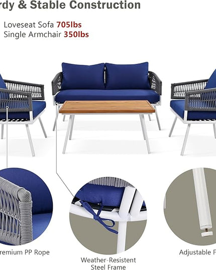 4-Piece Outdoor Patio Furniture Boho Rope Weave Set, Conversation Loveseat Sofa&Chairs with Acacia Wood Table and Thick Cushions, for Garden Backyard Balcony, Onesize, Navy Blue - LeafyLoom