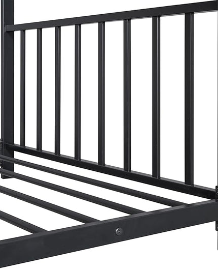 Twin Size Kids Montessori Floor Bed,House Bed Frame with High Headboard,Twin Floor Bed with Roof for Boys Girls,Floor Bed Metal Frame (Black) - LeafyLoom