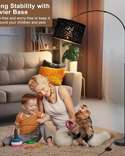 Modern Arc Floor Lamp, Tall Pole Lamp with Black Stars Lampshade, Arched Reading Light with Adjustable Lamp Head, Over Couch Hanging Light Corner Lamp for Living Room, Bedroom, Office (Black) - LeafyLoom