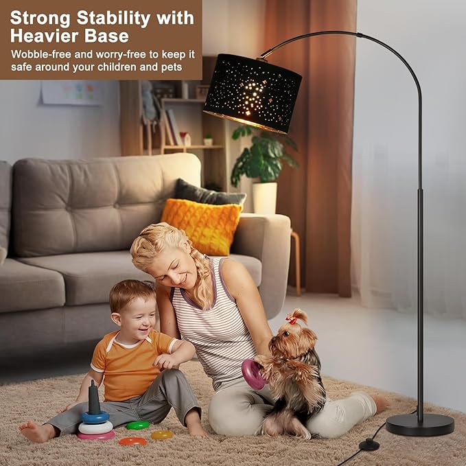 Modern Arc Floor Lamp, Tall Pole Lamp with Black Stars Lampshade, Arched Reading Light with Adjustable Lamp Head, Over Couch Hanging Light Corner Lamp for Living Room, Bedroom, Office (Black) - LeafyLoom