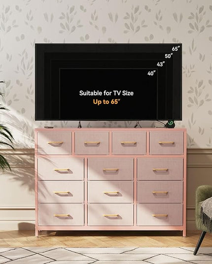 ODK Dresser with Charging Station, 57-Inch Long Dresser TV Stand for Bedroom, Large Dresser with 13 Storage Drawers, Chest of Drawers Easy-Pull Fabric Dressers for Living Room, Pink - LeafyLoom