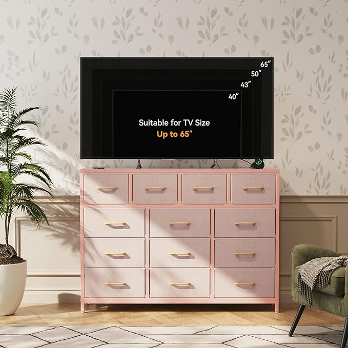 ODK Dresser with Charging Station, 57-Inch Long Dresser TV Stand for Bedroom, Large Dresser with 13 Storage Drawers, Chest of Drawers Easy-Pull Fabric Dressers for Living Room, Pink - LeafyLoom