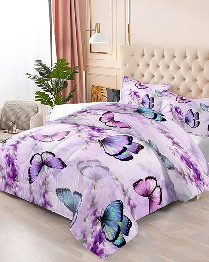 Purple Lavender Butterfly Comforter Set for Girl Kid Adult Colorful Butterfly Pattern Bedding Set Aesthetics Butterflies Quilt Bed Set Twin Size with 1 Comforter and 2 Pillowcases - LeafyLoom