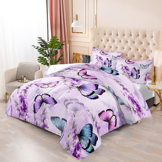 Purple Lavender Butterfly Comforter Set for Girl Kid Adult Colorful Butterfly Pattern Bedding Set Aesthetics Butterflies Quilt Bed Set Twin Size with 1 Comforter and 2 Pillowcases - LeafyLoom