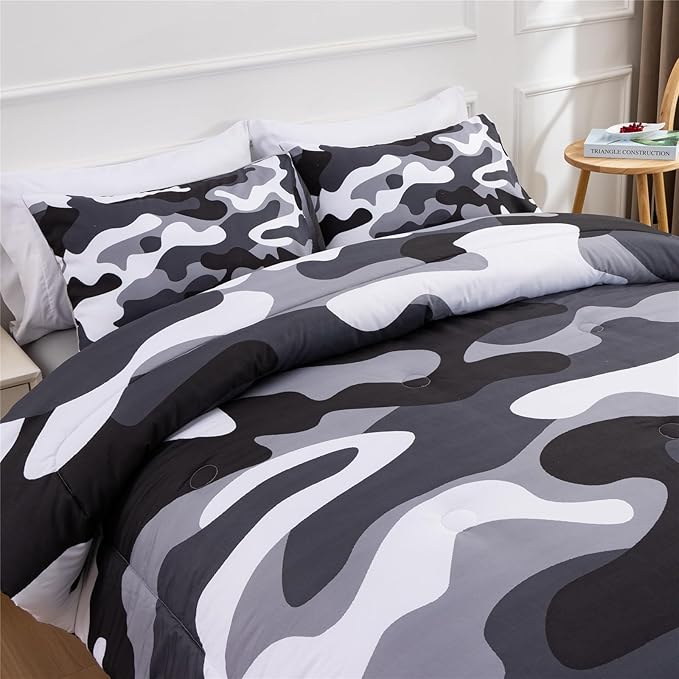 Meeting Story Camouflage Bedding Set, Colorful Pattern Style Comforter Set, 3 PCS One Comforter Two Pillowcases in One Bag, All Season Bedspread for Teens Adults (Grey,Full - LeafyLoom