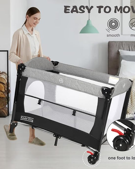 Kinder King 4 in 1 Portable Nursery Center, Foldable Baby Bedside Crib w/Bassinet, Infant Pack n Play Playard Toddler Large Playpen, Newborn Changing Table, Storage Basket, Side Zipper - LeafyLoom