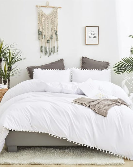 White Twin Comforter Girls Pom Comforter White Twin Bedding Set Boys 3 PCs Soft White Ball Pom Fringe Comforter Set 1 Twin Comforter (68x90 inches) with 2 Pillowcases (20x26 inches) - LeafyLoom