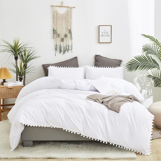 White Twin Comforter Girls Pom Comforter White Twin Bedding Set Boys 3 PCs Soft White Ball Pom Fringe Comforter Set 1 Twin Comforter (68x90 inches) with 2 Pillowcases (20x26 inches) - LeafyLoom