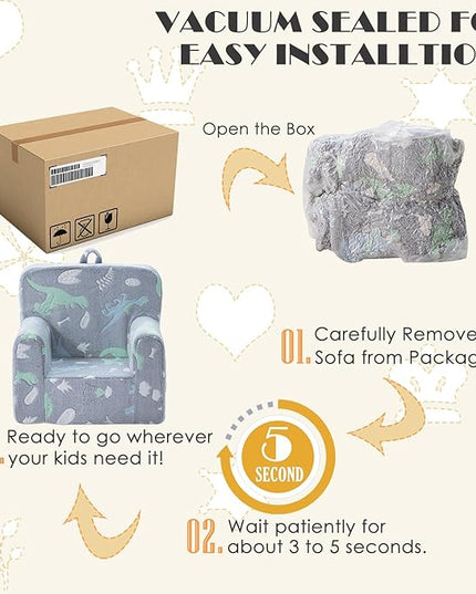Snuggly-Soft Cuddly Toddler Plush Armchair for Boys and Girls Glowing Grey Fuzzy Plush Kids Sofa Couch Reading Chair with Children Friendly Handle for Easy Movement & Double Pockets for Storage - LeafyLoom
