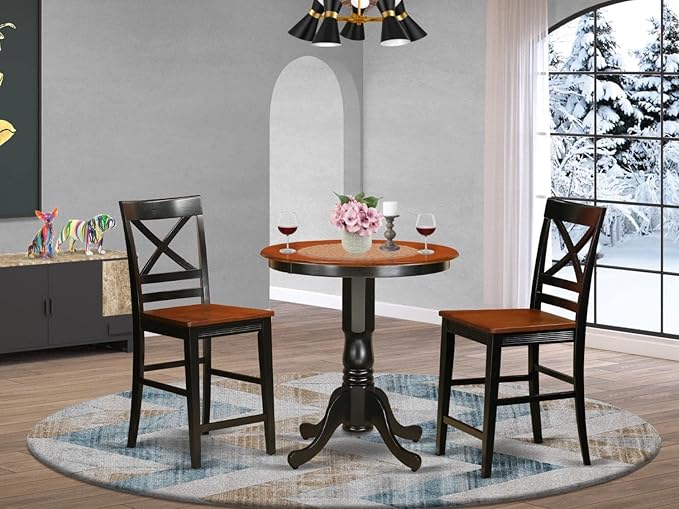 East West Furniture Eden 3 Piece Kitchen Counter Height Set Contains a Round Wooden Table with Pedestal and 2 Dining Chairs, 30x30 Inch, Black & Cherry - LeafyLoom