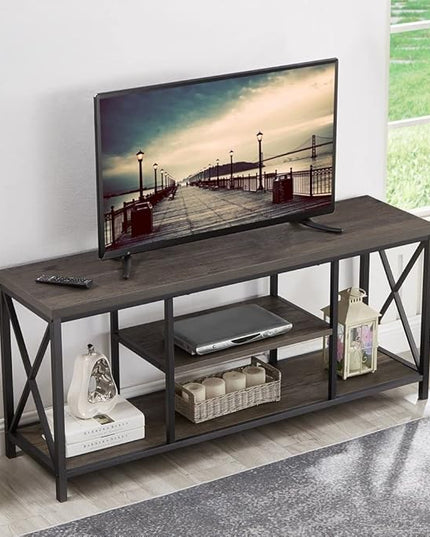 55 inch TV Stand for TV up to 65 inch, Rustic Wood and Metal Media TV Console Table for Living Room, Grey - LeafyLoom