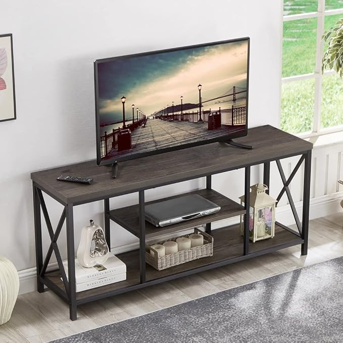 55 inch TV Stand for TV up to 65 inch, Rustic Wood and Metal Media TV Console Table for Living Room, Grey - LeafyLoom